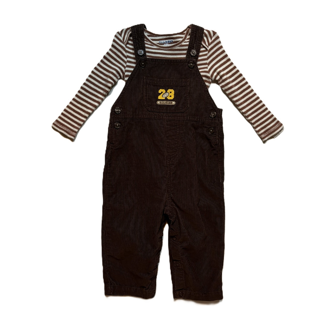 12-18 Boys Old Navy Brown Striped Thermal Long Sleeve Onesie, Just One You Corduroy Brown Overalls